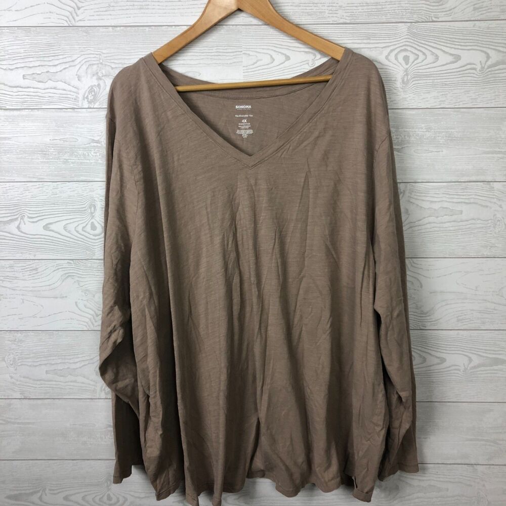Sonoma Women's 4X The Everyday Tee Long Sleeve V Neck Shirt 100% Cotton Brown